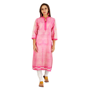 Pink Checks Lines Shibori Cotton Long Kurta - 1