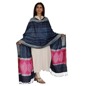 Pink & Indigo Dots & Spirals Shibori Tussar Silk Dupatta - 1